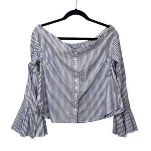 Free People S Off The Shoulder Striped Blouse With Bell Sleeves Blue White Boho